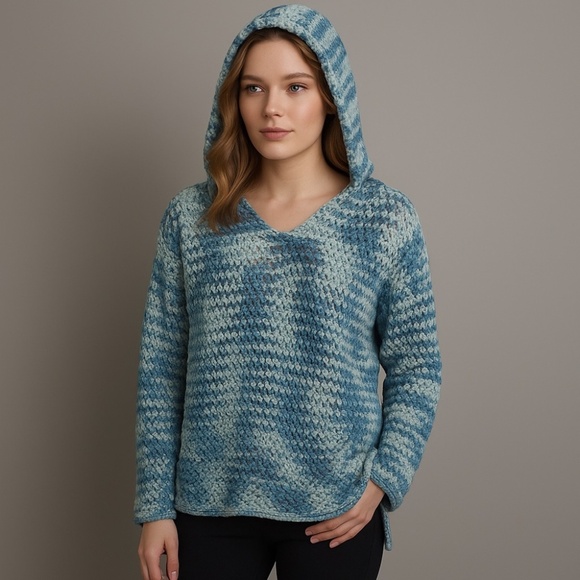 HANDMADE Blue Teal Chunky Crochet Hooded Sweater Cozy Boho Medium - Picture 1 of 12